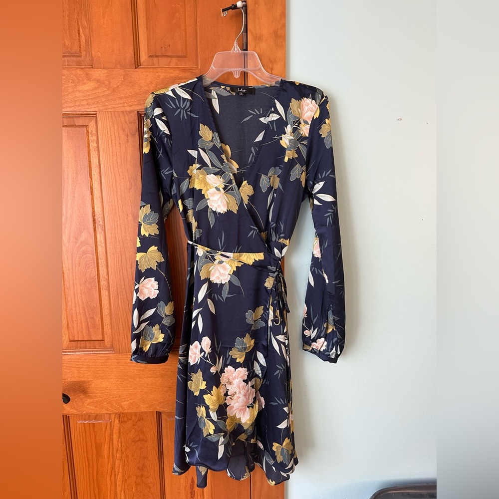 Lulu’s Navy Blue Floral Print Satin Wrap Dress